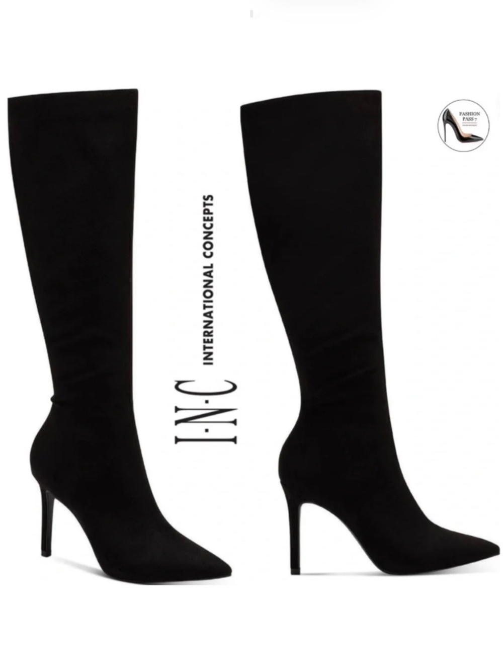 INC Rajelf Knee-High Boots Black Suede Pointed Toe Stiletto Heel Wide Calf - 8WC